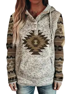 Women's Western Ethnic Style Retro Hooded Pullover, Geometric Ethnic Print Pullover, Soft and Elastic Long-sleeved Casual Shirt, Fall and Winter Clothing Women's Hoodie