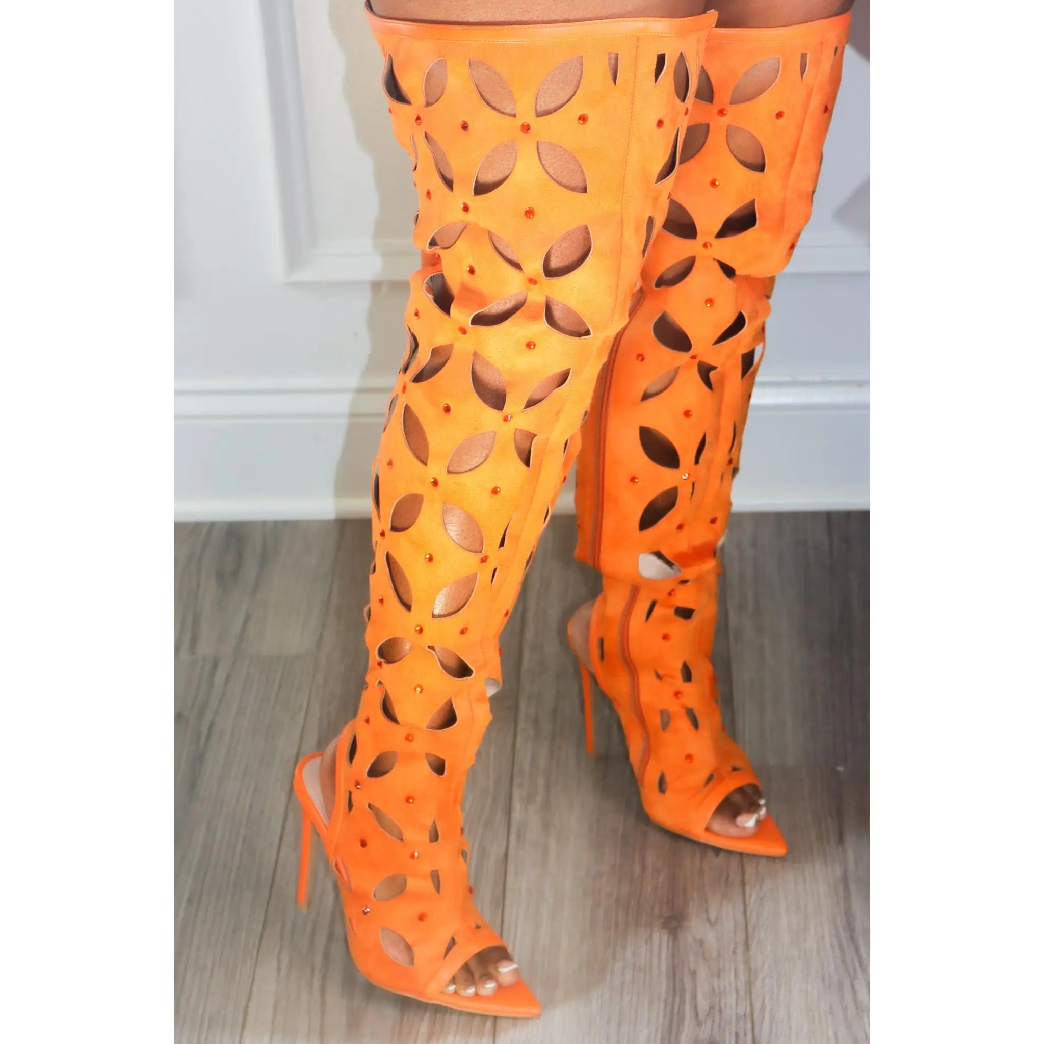 KALI | CUT OUT RHINESTONE EMBELLISHED THIGH HIGH BOOT HEEL