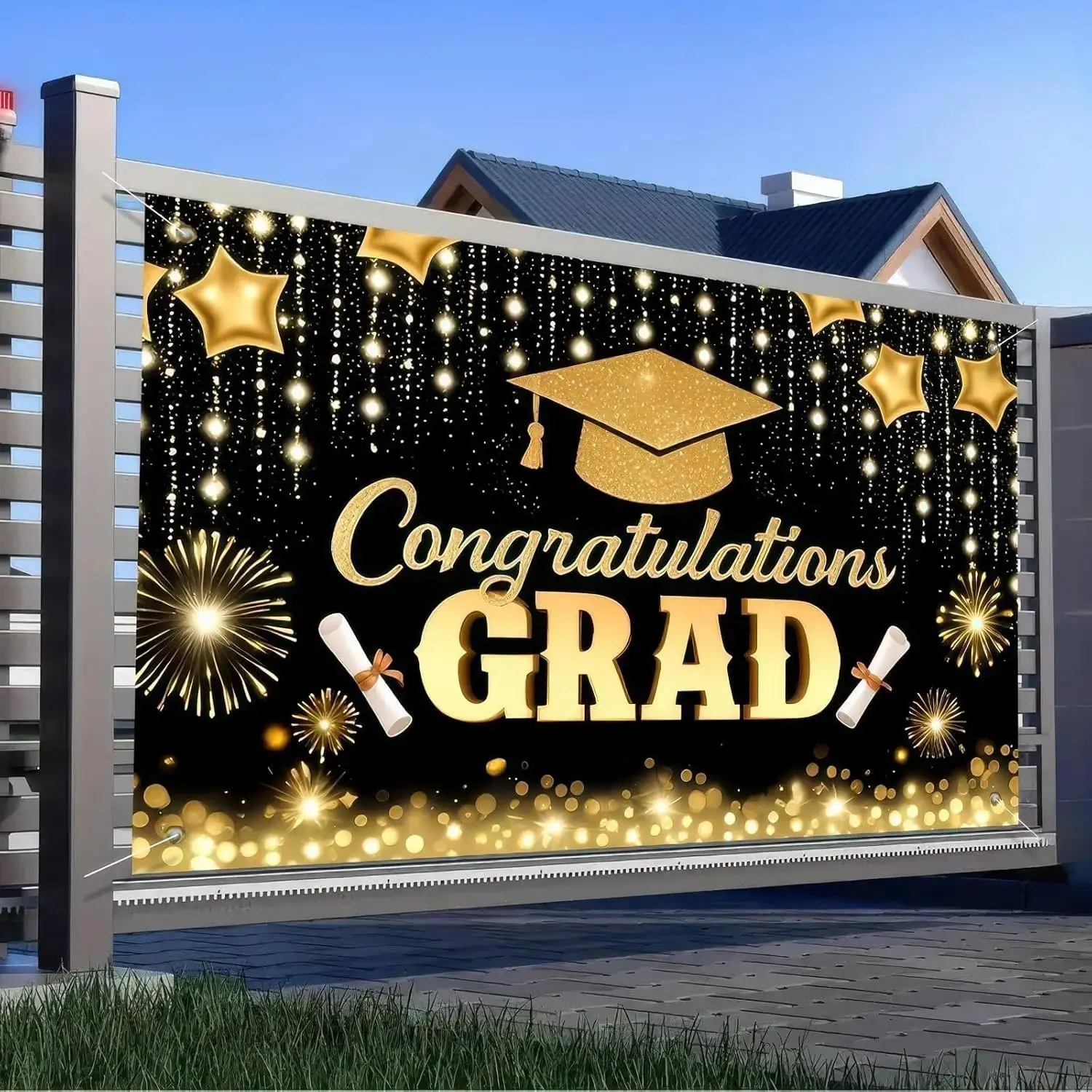 2D Flat Outdoor Banner - Gold Congratulations Graduation Backdrop, 2026 Photo Booth Background, High School Grad Party Decorations, Clothes Display Prop