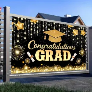 2d Flat Banner, Outdoor Banners, Gold Congratulations Grad Backdrop, 2026 Graduation Photo Booth Background, High School College Party Decor