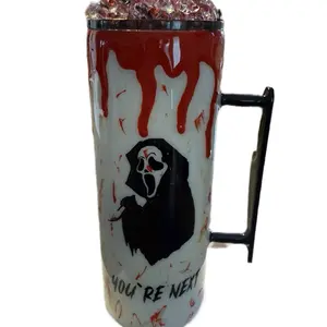 Horror Inspired Custom Epoxy Tumbler with 3d handle, bloody ice lid, Bloody Design and "YOU'RE NEXT" Text