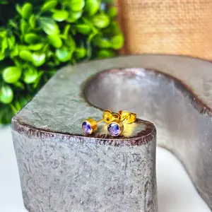 Dainty Alexandrite Birthstone Earrings – 4mm Gold-Plated Crystal Studs – Minimalist June Jewelry – Zodiac Cartilage Earrings