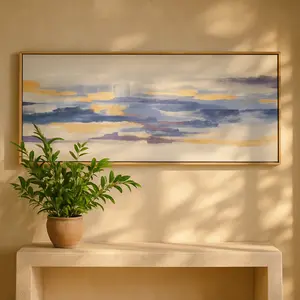 Abstract Blue Canvas Long Horizontal Living Room Framed Wall Art with Gold Foil Accents