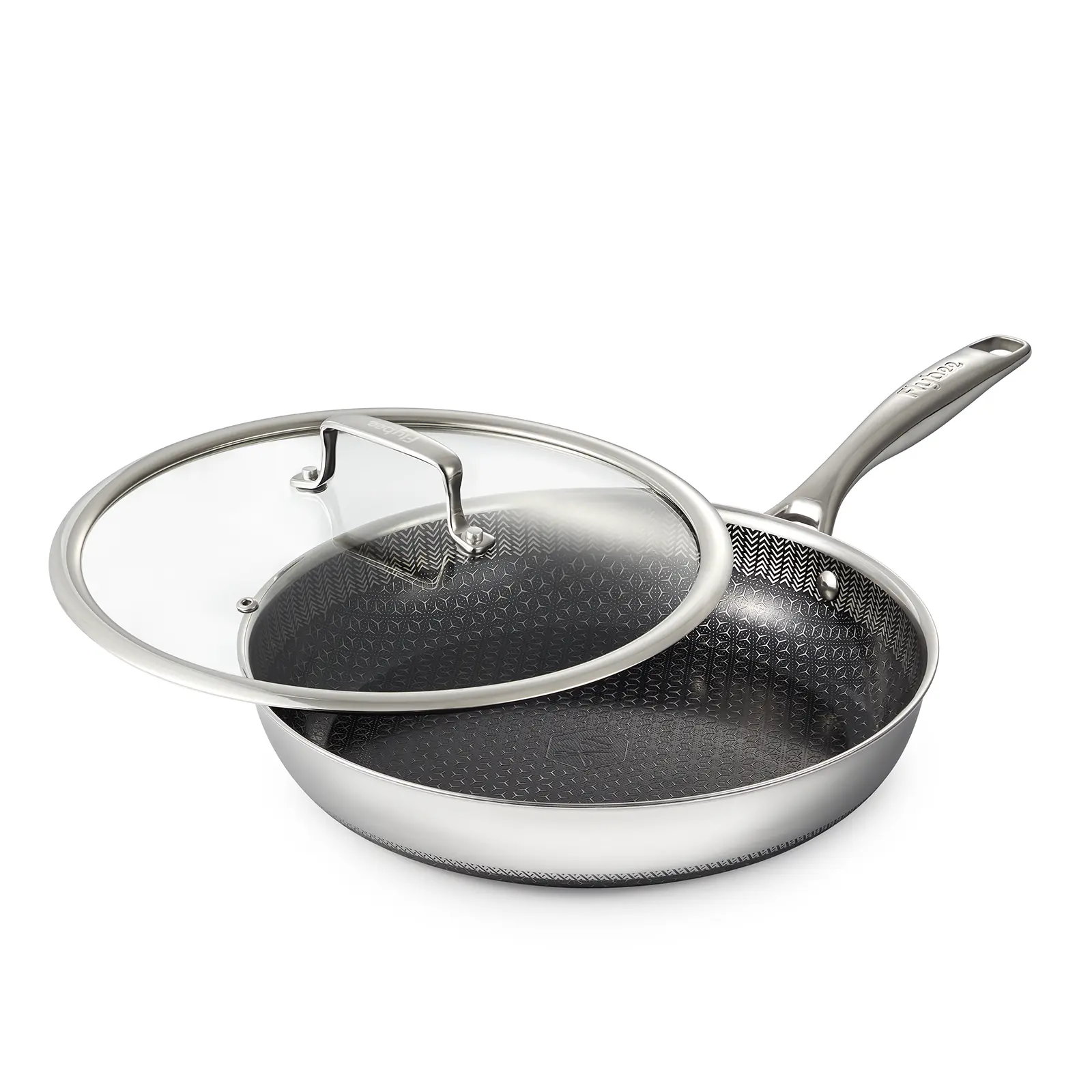 Flybee 12-Inch Hybrid Nonstick Frying Pan with Glass Lid, Tri-Ply Stainless Steel Skillet, Non-Toxic PFAS-Free Ceramic Coating, Easy Cleanup, Dishwasher & Oven Safe, Compatible with All Cooktops Including Induction