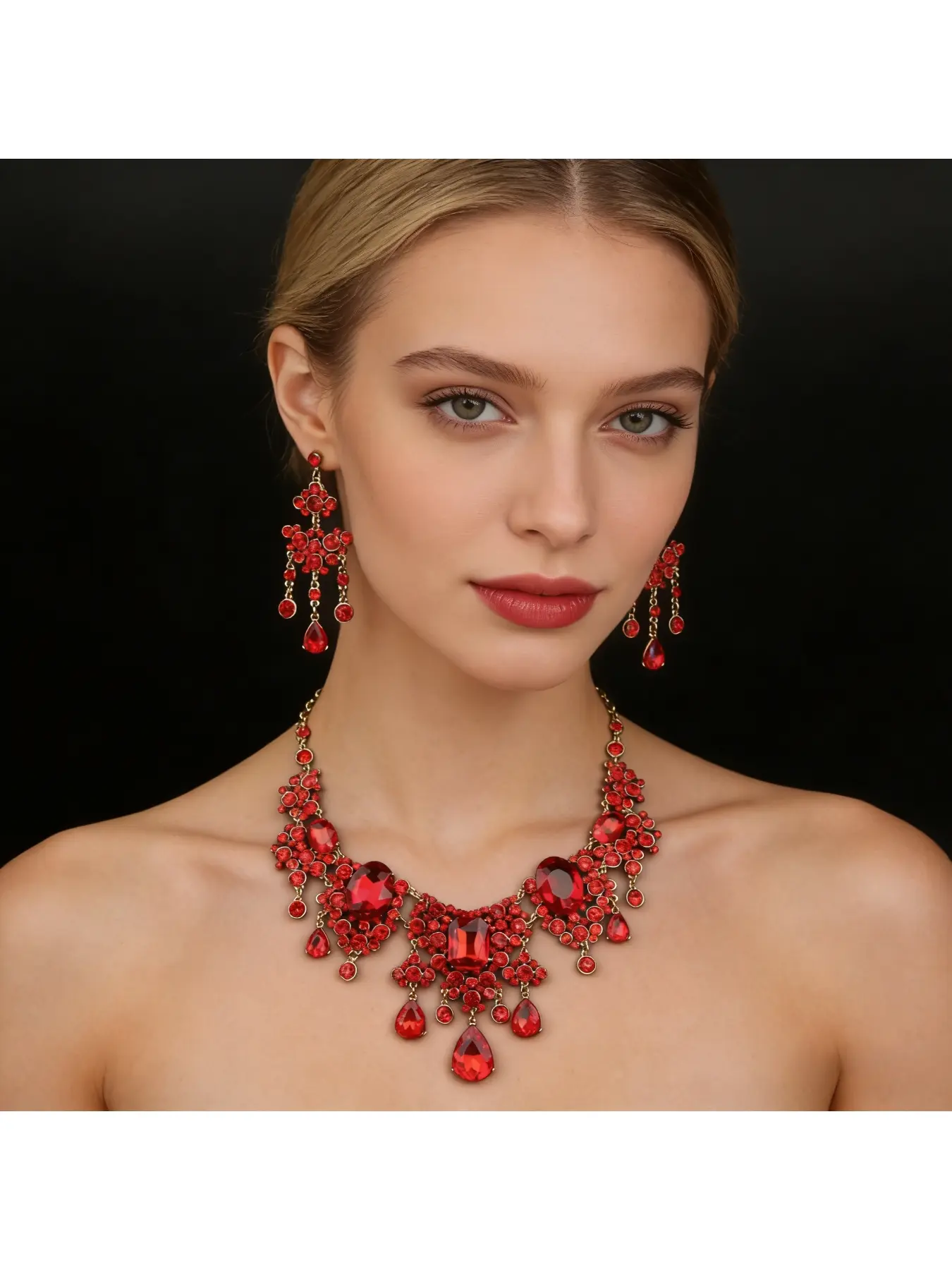 Luxury and extravagant rhinestone necklace and earring set for women, Western-style influencer wedding dress banquet accessories, Bridal wedding jewelry