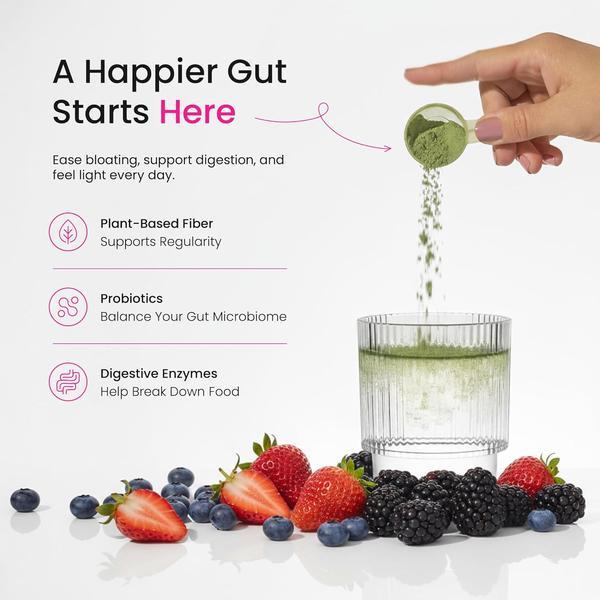 Super Greens Powder with 40+ Organic Superfoods, Probiotics & Enzymes for Energy, Digestion & Gut Health, Daily Green Juice Smoothie Blend