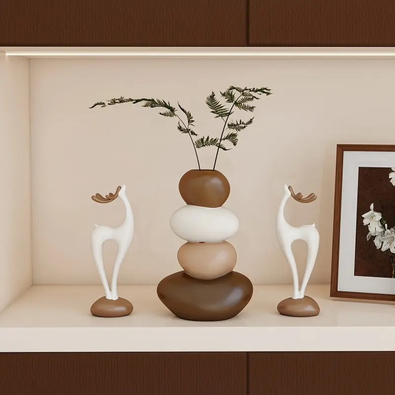 3-piece resin stone vase decoration set, The vase cannot store water and can only be decorated with artificial flowers, lucky deer, Christmas reindeer set, table decoration, living room, dining room, TV cabinet, new home gift, Home decorative vase