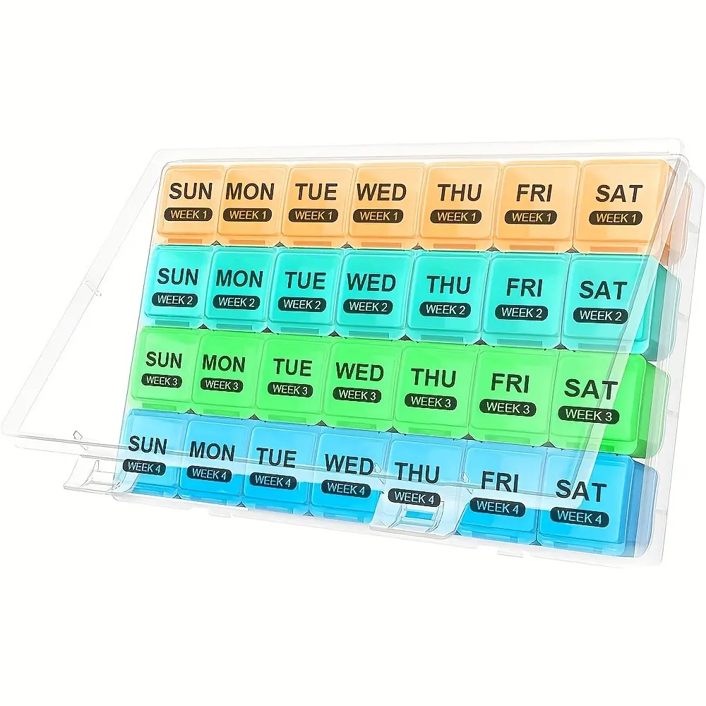 Large Monthly Pill Storage Box, 28-Day Drug Organizer, Weekly Storage, Extra Large Dustproof Compartment, Travel Reminder Container, Vitamin Organizer, Supplement Organizer, Vitamin Dispenser