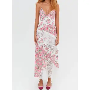 Women Summer Sleeveless Dress Casual Floral Print Lace Patchwork Backless Ruffles Party Dress for Beach Streetwear Maxi Fashion