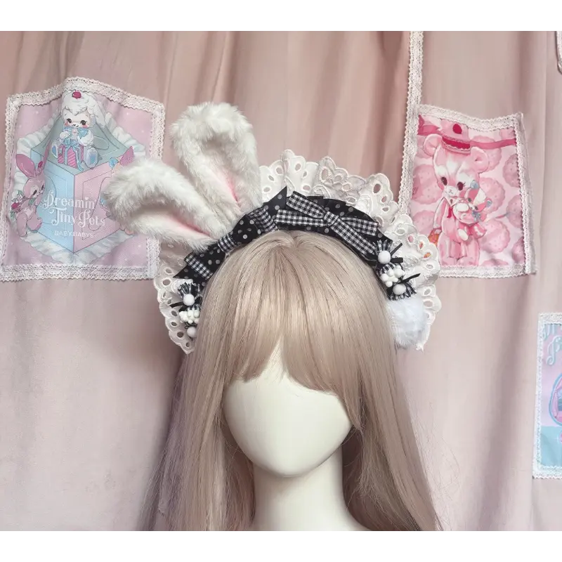 Lolita Strawberry Headband Head Wrap with Cute Rabbit Ears and Bows, Sweet Maid Style Doll Hair Accessories, Bow Headbands, Elastic Headbands