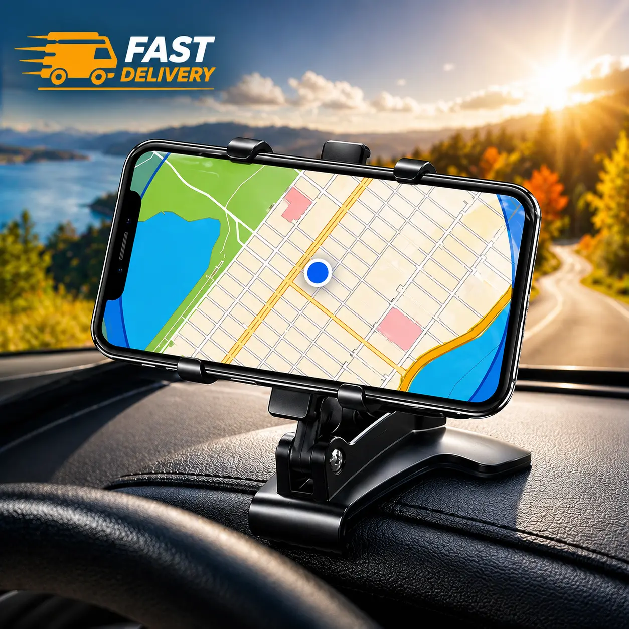 Adjustable Dashboard Car Phone Stand with Secure Clamp - Universal Cell Phone Holder for iPhone, Samsung Galaxy - Easy-Install Hands-Free Drive Accessory with Angle Adjust Feature
