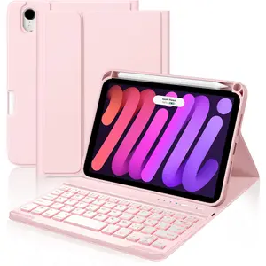 for iPad Mini 7 Keyboard Case A17 Pro 2024/iPad Mini 6 Generation Case with Keyboard 2021 8.3 Inch, Pencil Holder, 7 Color Backlit Detachable Keyboard Cover for iPad Mini 7th/6th Gen,Pink