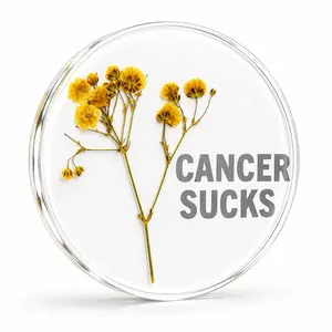 Yellow and Purple Cancer Sucks Epoxy Resin Coaster Set with Dried Flowers and Bold Text Design