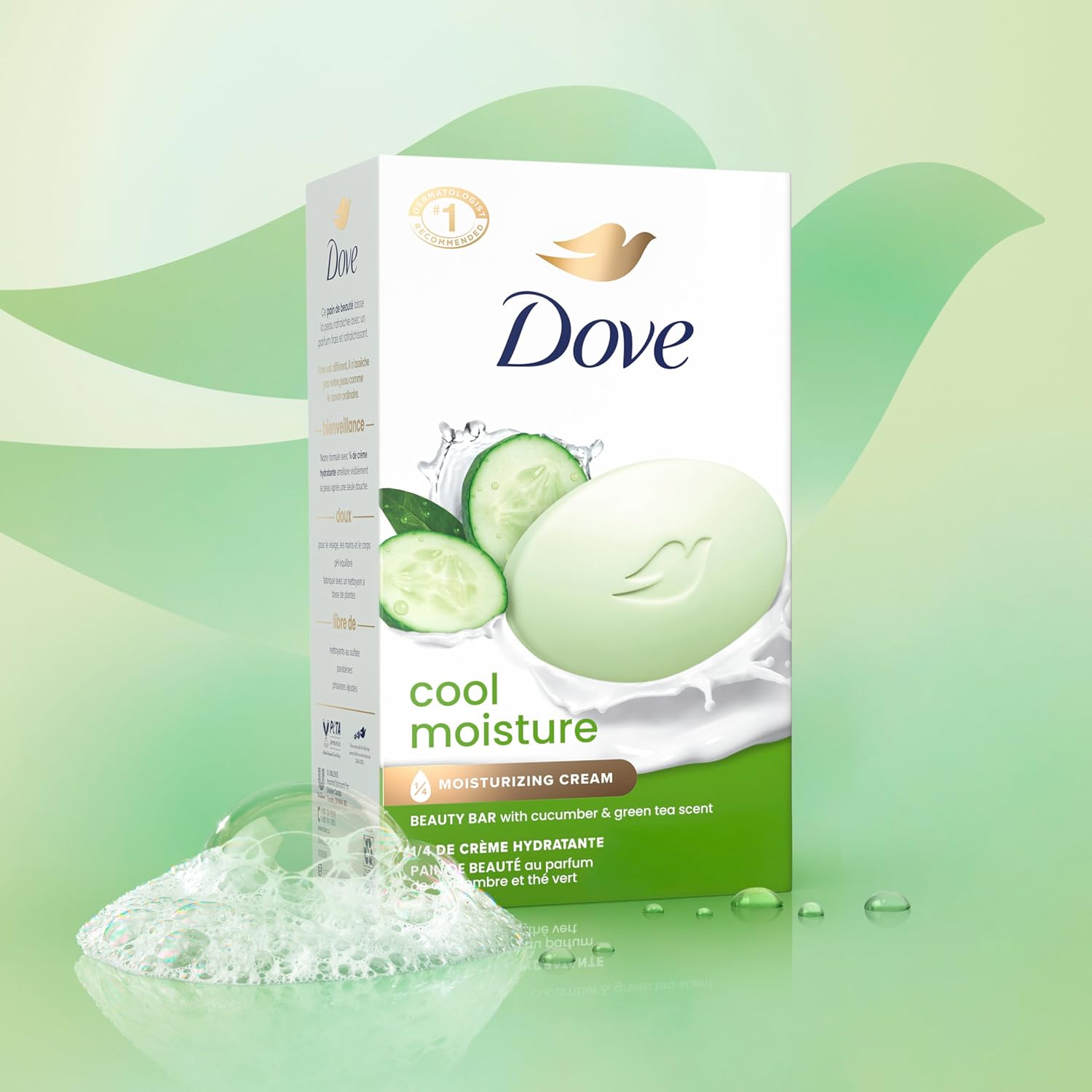 Dove Beauty Bar Soap (90g / 3.2oz) Cool Moisture Cucumber & Green Tea Scent, 6 Bars for Refreshed Skin, Leaves Skin Refreshed