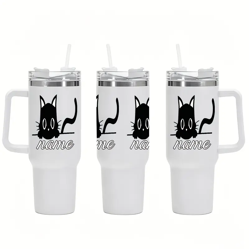 40oz Stainless Steel Vacuum-Insulated Tumbler - Tumbler Shape, Leak-Proof, Handle, Minimalist Peeking Black Kitten Print, Custom Name, Portable, Cat Pet Lovers Birthday Gift Ideas