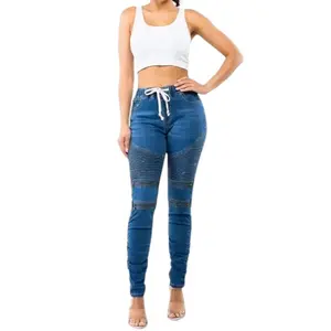 Big Sisters/Sisterhood Women's High-Waisted Denim Moto Joggers Pants with Shirring Trim & Elastic Waistband for All Seasons Comfortable & Stylish Bottoms