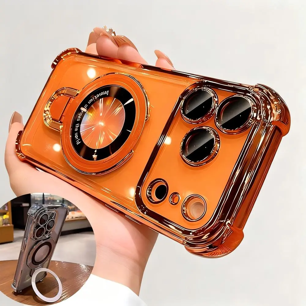 New Fashion DIY Magnetic Bracket Phone Case with Four Airbag Corners Shockproof Electroplated Clear Hard Acrylic for iPhone 17 Pro Max Air 11-16 Plus with Camera Lens Protector Magsafe Kickstand Holder Protection Transparent ,Colorful,Dual,Layer,Chri,ring