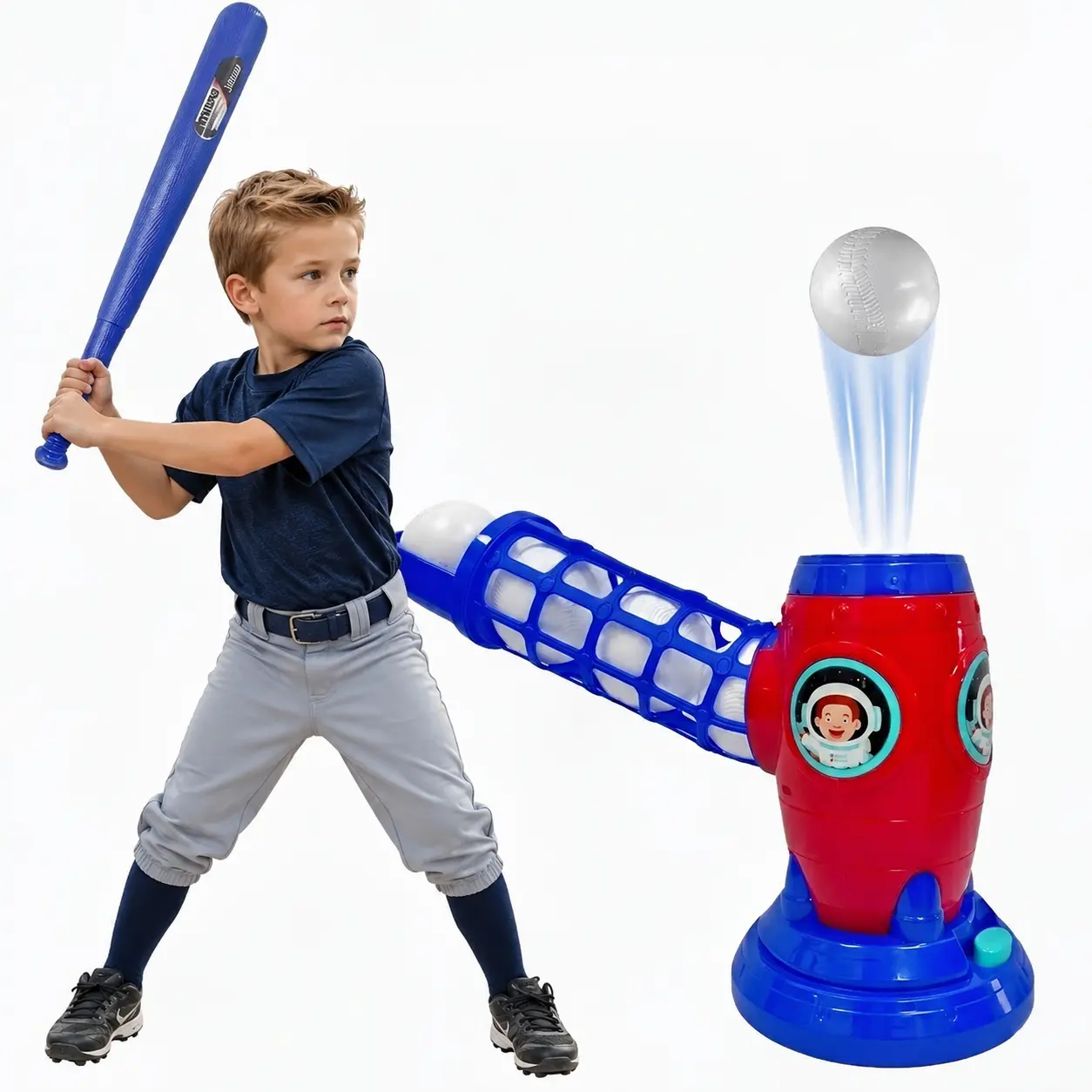 Kids Baseball Pitching Machine Set – Automatic Launcher with Bat & 10 Lightweight Plastic Baseballs, Safe Outdoor Toy for Ages 3+