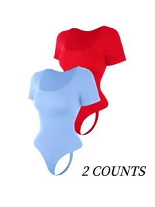Women's Solid Square Neck Short Sleeve Shapewear Bodysuit, Tummy Control Butt Lifting Button Closure Crotch Shaper, Women's Waistband Shaping Bodysuit for All Seasons