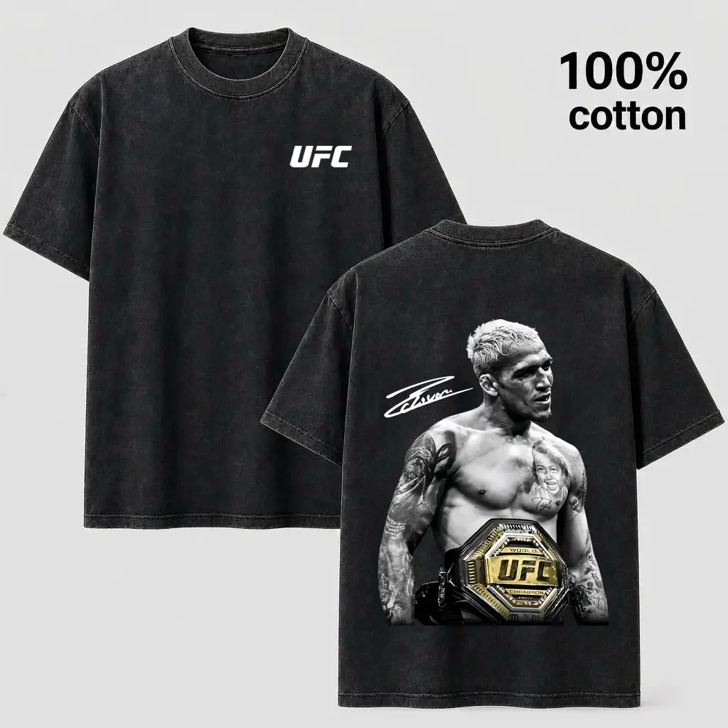 Men's Vintage Wash Heavyweight Short-Sleeve T-Shirt - MMA Champion Belt Graphic, Retro Style Oversized Menswear Tops