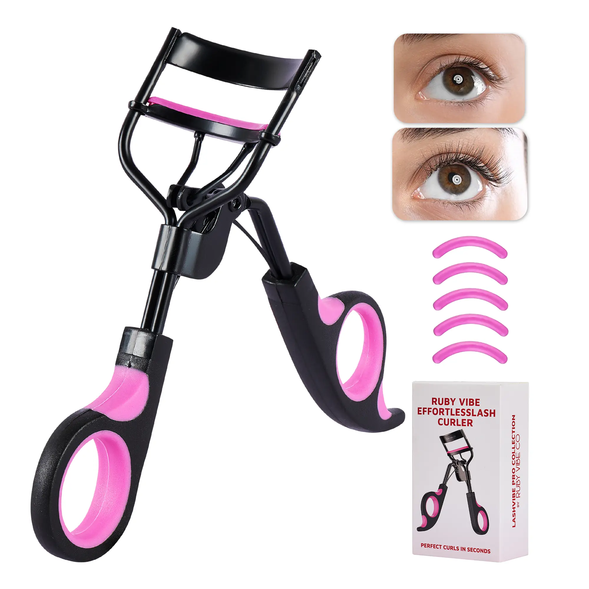 Ruby Vibe Co Eyelash Curler with 5 Extra Silicone Refill Pads, Ergonomic Design for Instant Volume & Polished Curls, Stainless Steel Travel-Friendly Lash Lift Tool