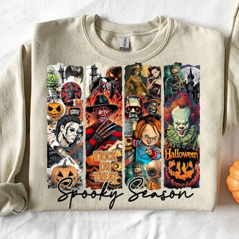 Retro Horror Halloween Sweatshirt, Spooky Season Sweatshirt, Halloween Friends Sweatshirt, Horror Characters, Halloween Sweatshirt Design, Halloween Sweatshirt