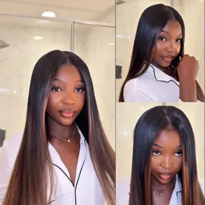 Klaiyi Ombre Chestnut Brown Color Clip in No Sew in No Glue Upgrade U Part Yaki Straight EasiContour V Part Wigs Human Hair