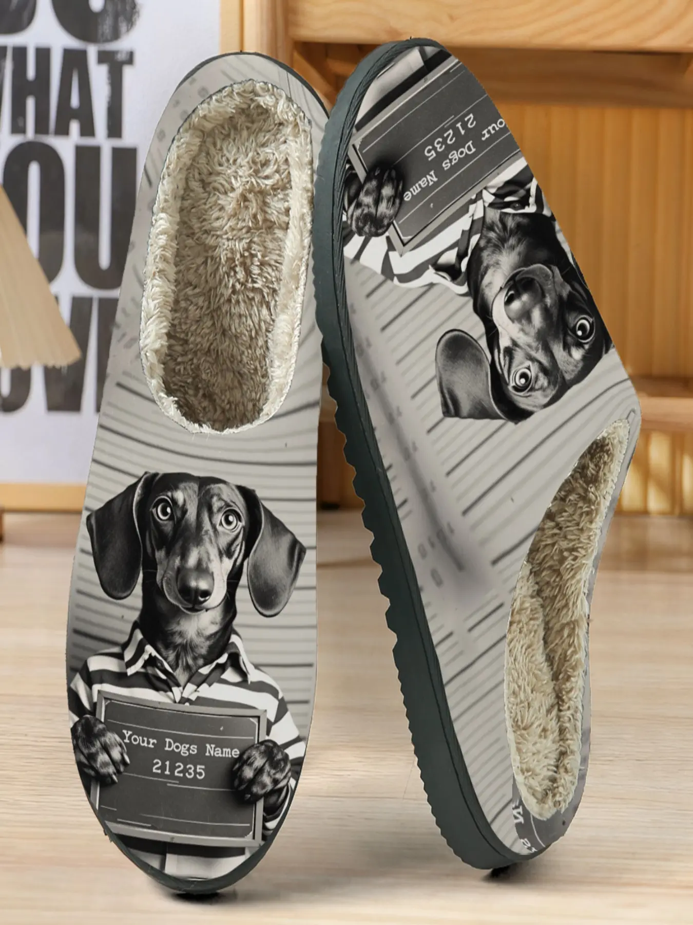 Fun Prison Sausage Dog Theme Cotton Slippers, Customizable 'your Dog's Name' Text, Soft Eva Sole, Casual Home Wear