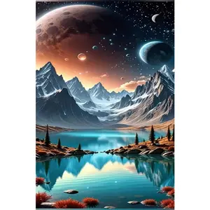 1PC 5D diamond painting 2D flat printing DIY Diamond Painting Kit, Moon Mountain Lake Landscape, 5D Full Drill Rhinestone Embroidery, Home Wall Decor, Arts Crafts for Adults, Rhinestone Picture,