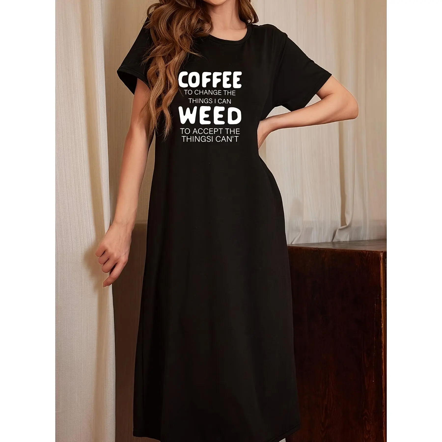 Fast Shipping (1PCS) Black Women's Casual Round Neck T-Shirt Dress, Printed with 'Coffee Changes What I Can Do, Weed Accepts What I Can't', Polyester 100%, Knitted Fabric, All-Season Comfort, Women's T-Shirt Lace Loungewear Nightie Nightwear Slip Elegance