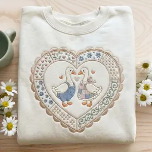 Thrifted Geese Embroidered T-Shirt Sweatshirt Hoodie Cottagecore Folk Art Goose, Vintage Grandma Geese, Cozy Retro Animal Lover Gift