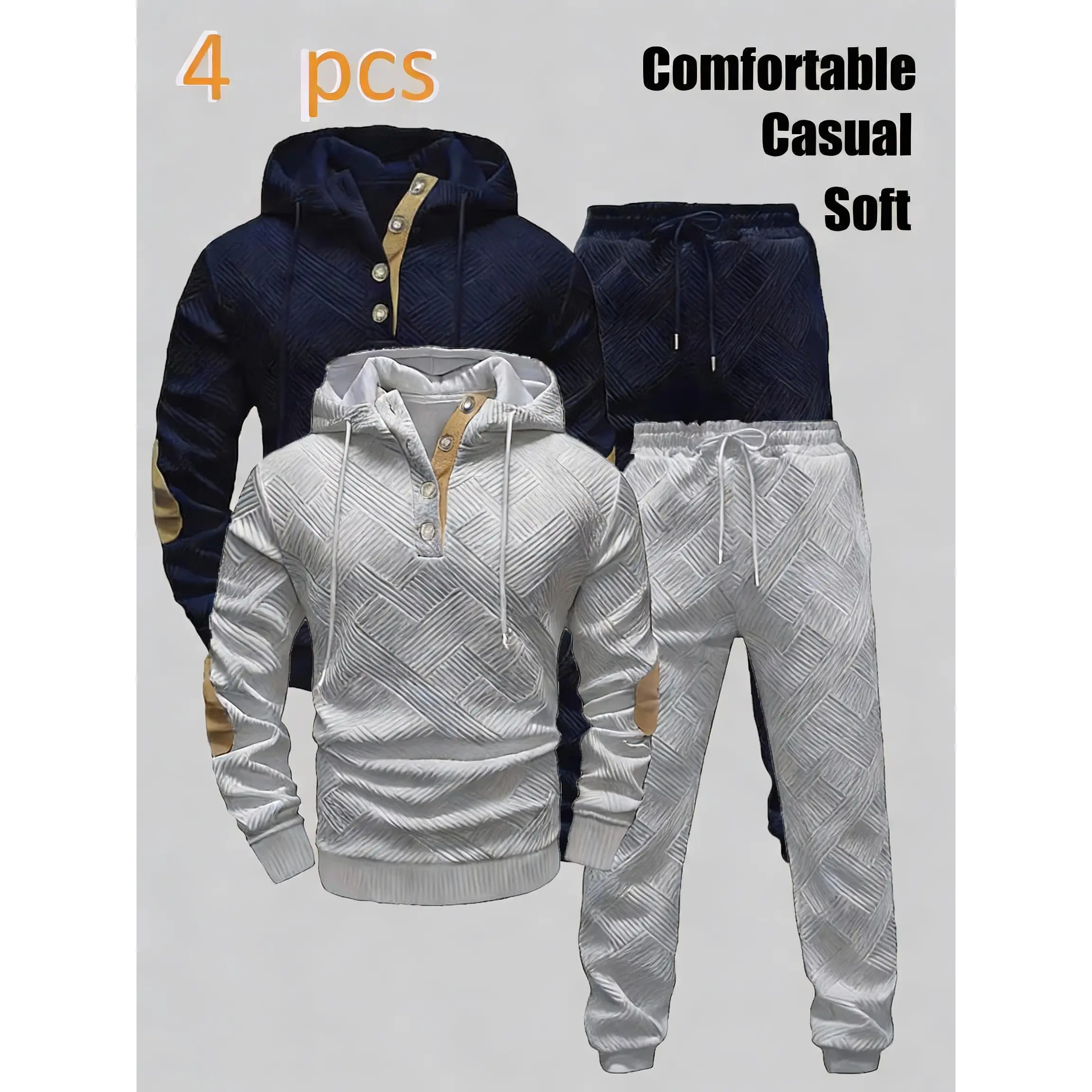 Men's 2-Piece Knit Set with Chic Diamond Pattern, Long Sleeve Fashion Hoodie and Cuffed Joggers for Casual Loungewear, Knitting, M, All Seasons, Hoodie/Jumper, Normal Type, Casual Wear, Colorblock, Polyester Knit, Cuff Joggers, Machine Washable