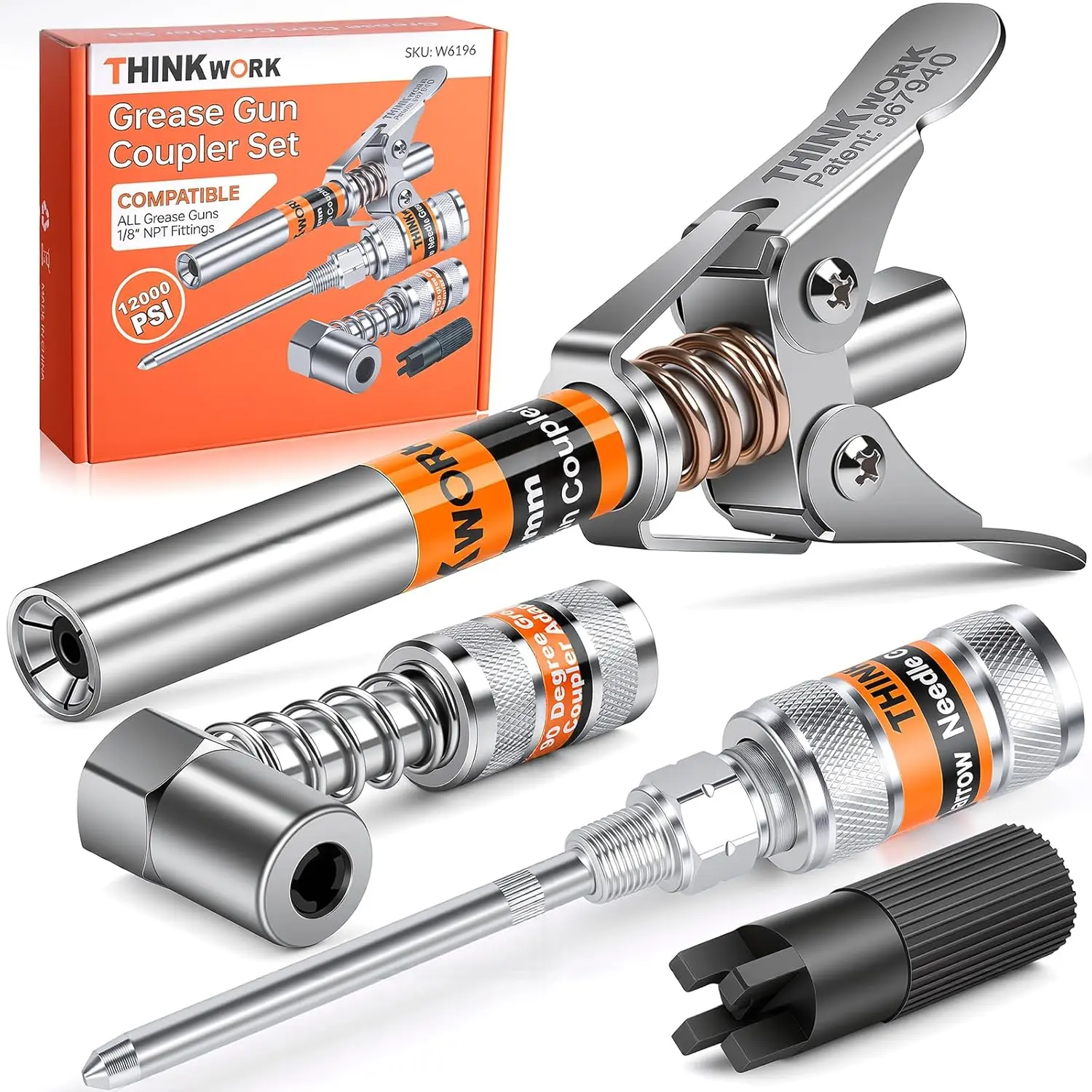 Gun Coupler Set, Handle Reach Lock on Greases Gun Couplers with 90°Coupler, 12000 PSI Compatible with All Guns 1/8" NPT Gun Fitting