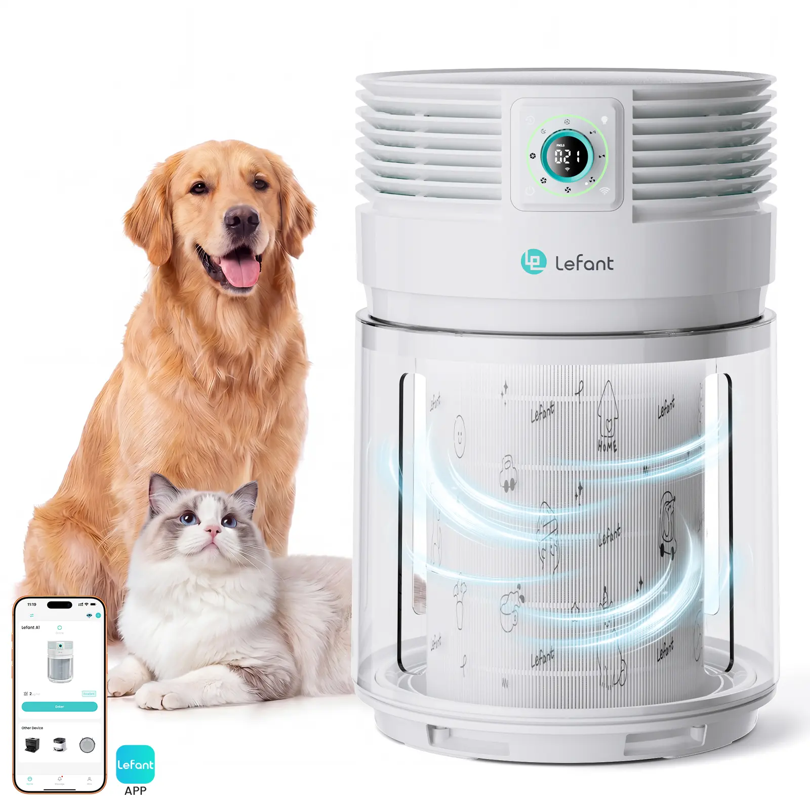 Lefant A1 H13 HEPA Air Purifier for Large Rooms with 2215 sq.ft. reach, Smart APP Control, 3-Stage Filtration, Allergy Relief, Odor Removal (Pet Odors, Smoke), Dust & Dander Removal, 30dB Quiet Operation, Includes Cells, Yes for Effective Air Cleaning, 30