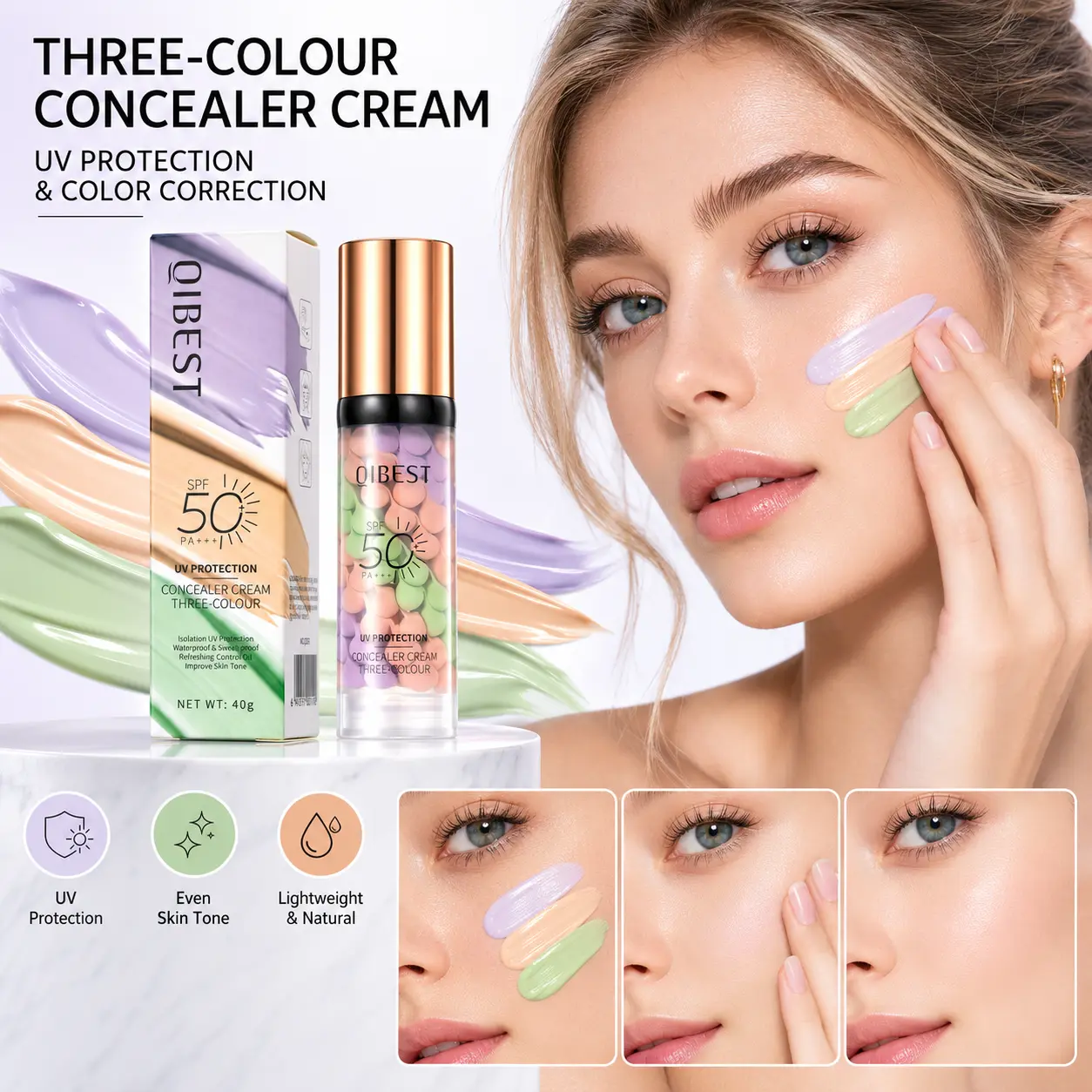 Three-Color Protective Isolation Cream with SPF 50 Coverage, Brightening & Oil-Control Moisturizer for Color Correction, Waterproof & Sweatproof Makeup Base