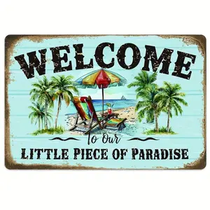 Metal Tin Signs[Vintage Metal Sign] Rustic Metal Wall Sign - Welcome to Our Little Piece of Paradise, |   Vintage Beach & Palm Tree Decor, Tropical Home Decor, Coastal Home Decor, Farmhouse Wall Art