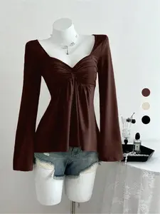 Women's Sexy V Neck Long Sleeve T-Shirt, Slim Fit Drawstring Design, Casual Fashion Top for Spring & Fall, Casual Business Top, Ladies' Clothing