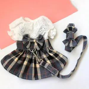 Puppy Clothes Pet Dog Dress Plaid Skirt with Big Bow Pet Harness with Leash Set for Girls Small Medium Chihuahua Dog Clothes