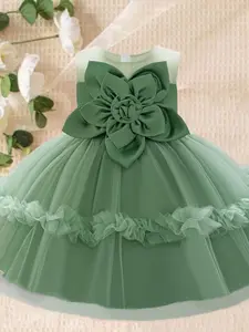 Baby Girl's Floral Decor Bow Back Frill Trim Formal Dress, Elegant Sleeveless Round Neck Tulle Dress for Party Wedding Guest, Infant Toddler Kids Clothes for All Seasons