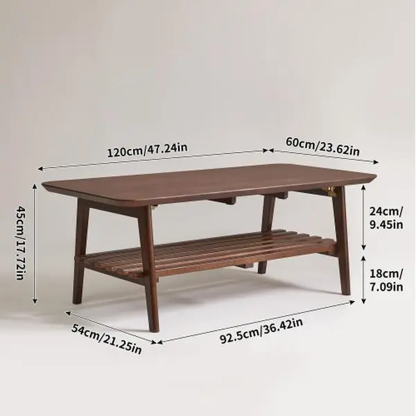 Bellemave Mid-Century Walnut Brown Farmhouse Wooden Coffee Table - Rectangular Living Room Center Table with Storage Shelf, Farmhouse Wooden Table