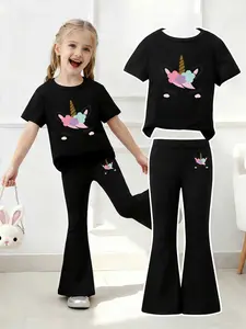 Girls Unicorn Print Short Sleeve T-Shirt Bell Bottoms Set, Cute Sweet, Soft Breathable Kids Clothing