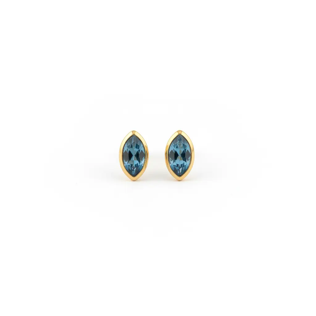 Blue Glass Marquise Stud Earrings 14K Gold Plated 925 Sterling Silver 6x3mm