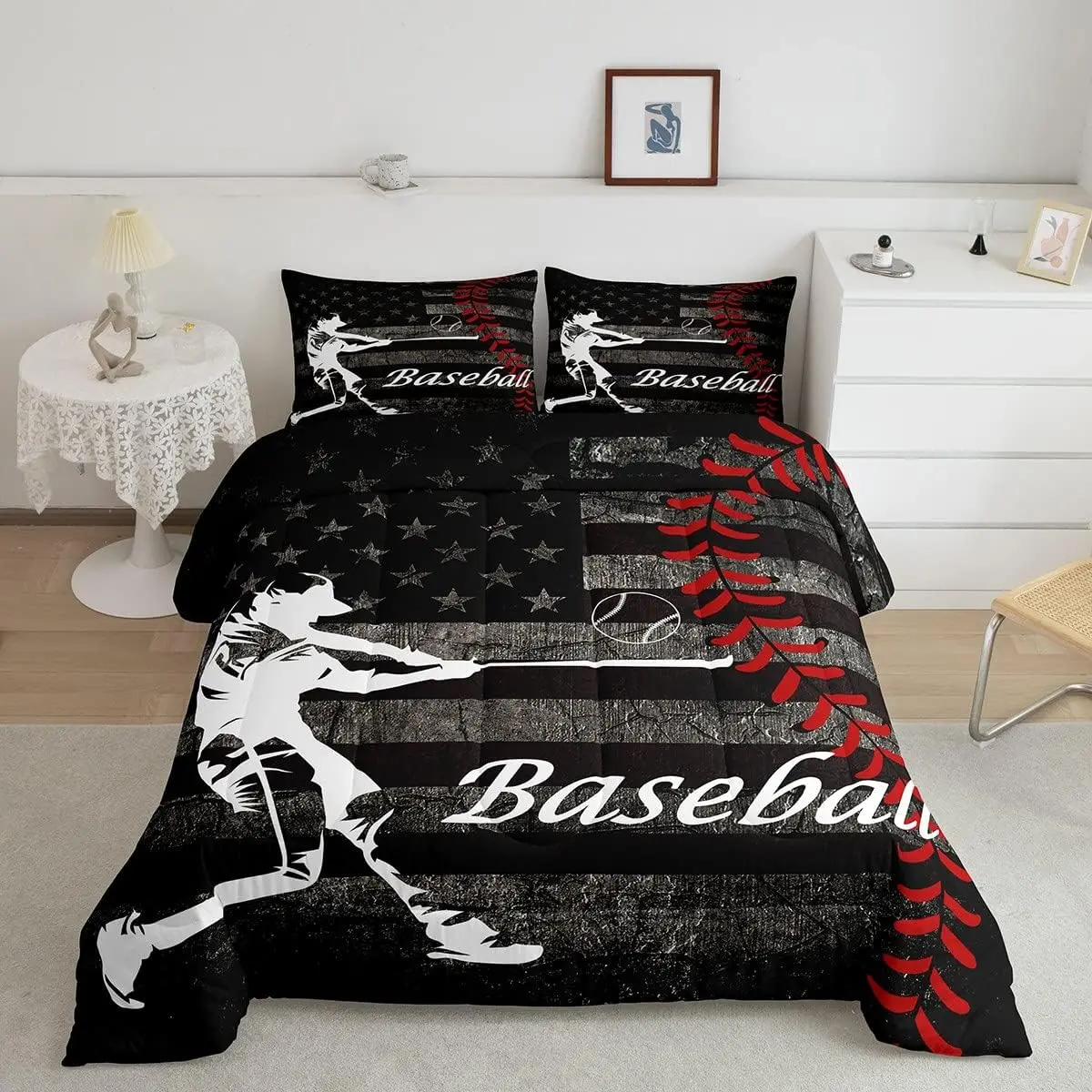Feelyou Boys' Quilted Duvet Set - Multi-Size Queen Bedding Set with Vintage American Flag Print, Grunge Stripes Star Decor, Breathable Fabric, Ball Games Theme (Quilt Cover Included)