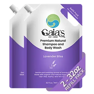 Gaias Premium Natural Shampoo and Body Wash Lavender Bliss, Refill Size, 64 oz (32 oz X 2) Tear-Free, No Added Colors,  Organic and Natural Ingredients, Biodegradable Packaging