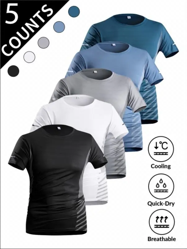 5-Pack Men's Crew Neck T-Shirts, Quick Dry Ice Silk Polyester Fitness Wear with a Breathable Mesh Texture for Summer Sports