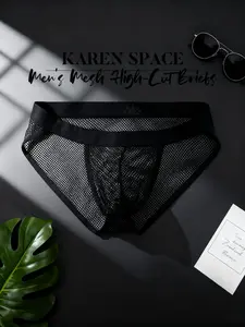 1Pc Men's Solid Color Plain High Cut Briefs with Large Mesh, Hollow & Breathable, for Fitness, Home, Sports & Casual Wear, Underwear