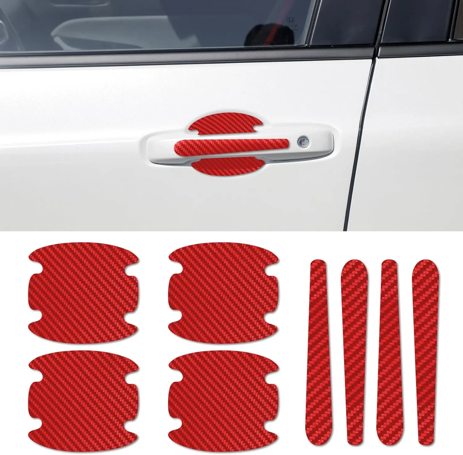 8PCS Car Door Handle Scratch Protector, Paint Guard Cover, Carbon Fiber Bowl Sticker, Protective Film for Most Handles (Red)