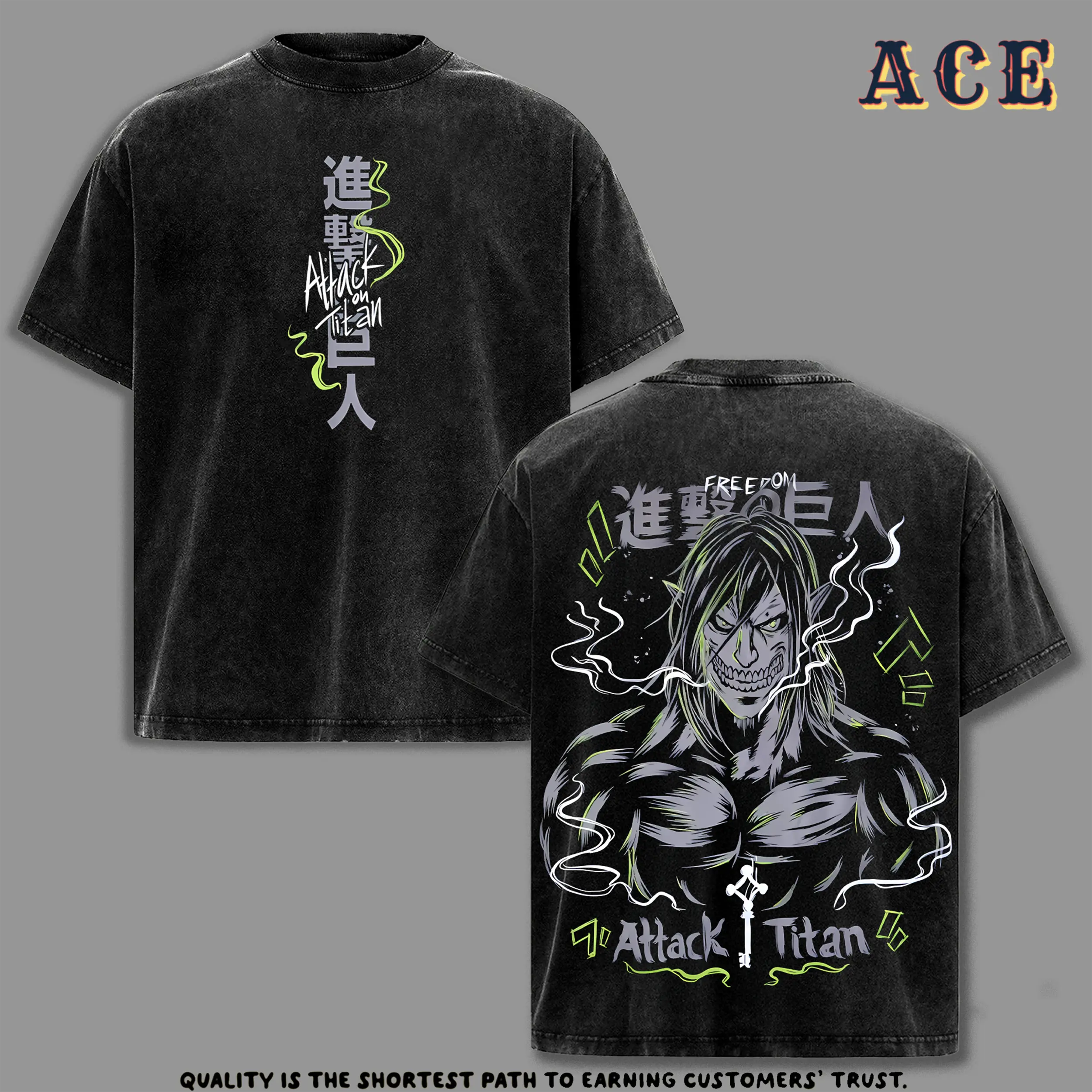 Eren Yeager Tee Washed – Attack on Titan Vintage Washed Oversized Heavy Cotton Anime Manga T-Shirt, Double Printed Retro Unisex Streetwear Graphic Top, Founding Titan Rumbling Edition, Acid Wash Finish