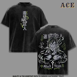 Eren Yeager Tee Washed – Attack on Titan Vintage Washed Oversized Heavy Cotton Anime Manga T-Shirt, Double Printed Retro Unisex Streetwear Graphic Top, Founding Titan Rumbling Edition, Acid Wash Finish