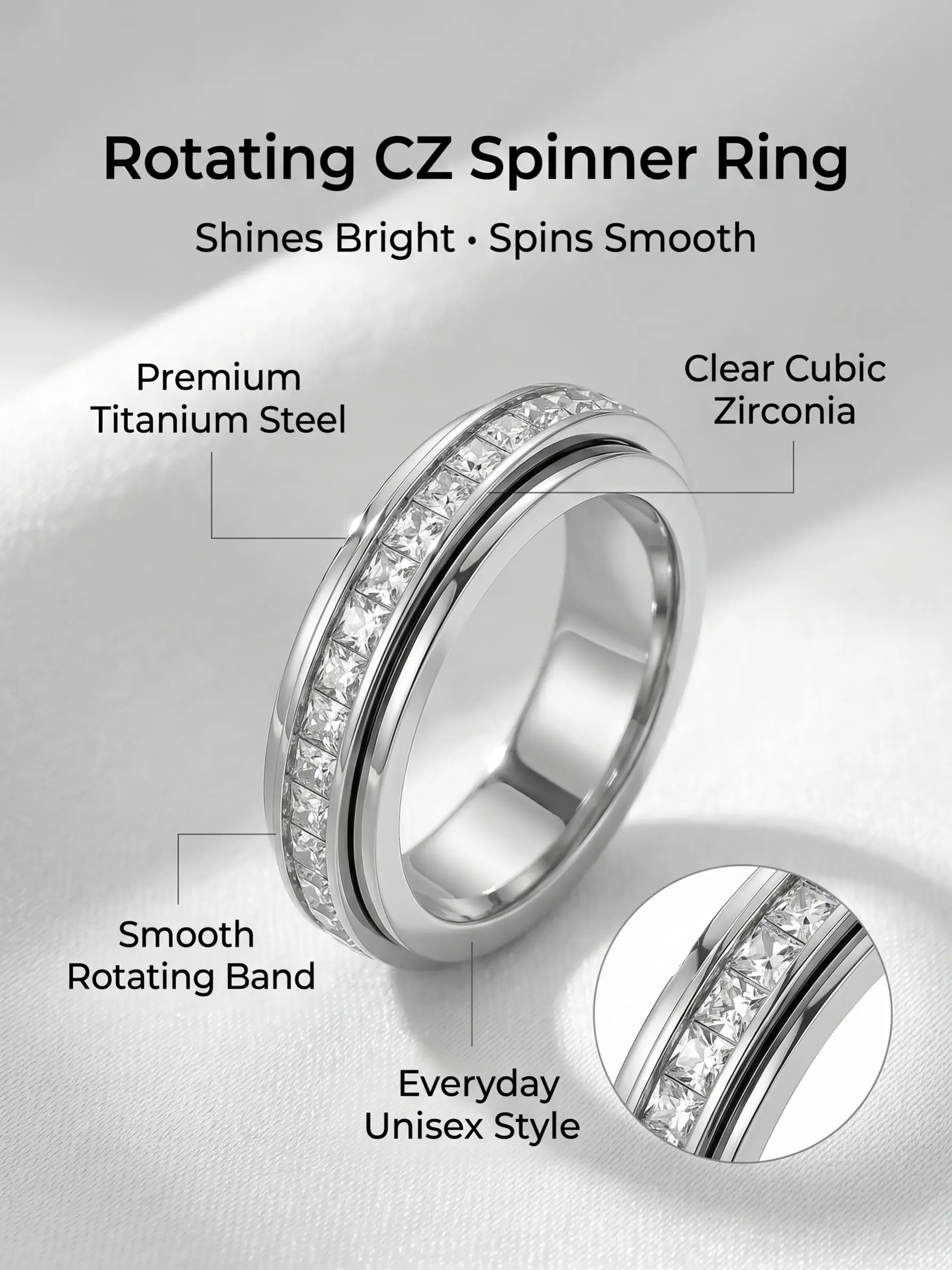 Rotatable Anxiety Ring, Anxiety Relief Ring, Stress Relief Jewelry, Fashion Cubic Zirconia Decor Titanium Steel Ring for Women & Men, Wedding Promise Ring, Jewelry for Party, Daily Decor, Birthday Gift, Anxiety Spinner Rings